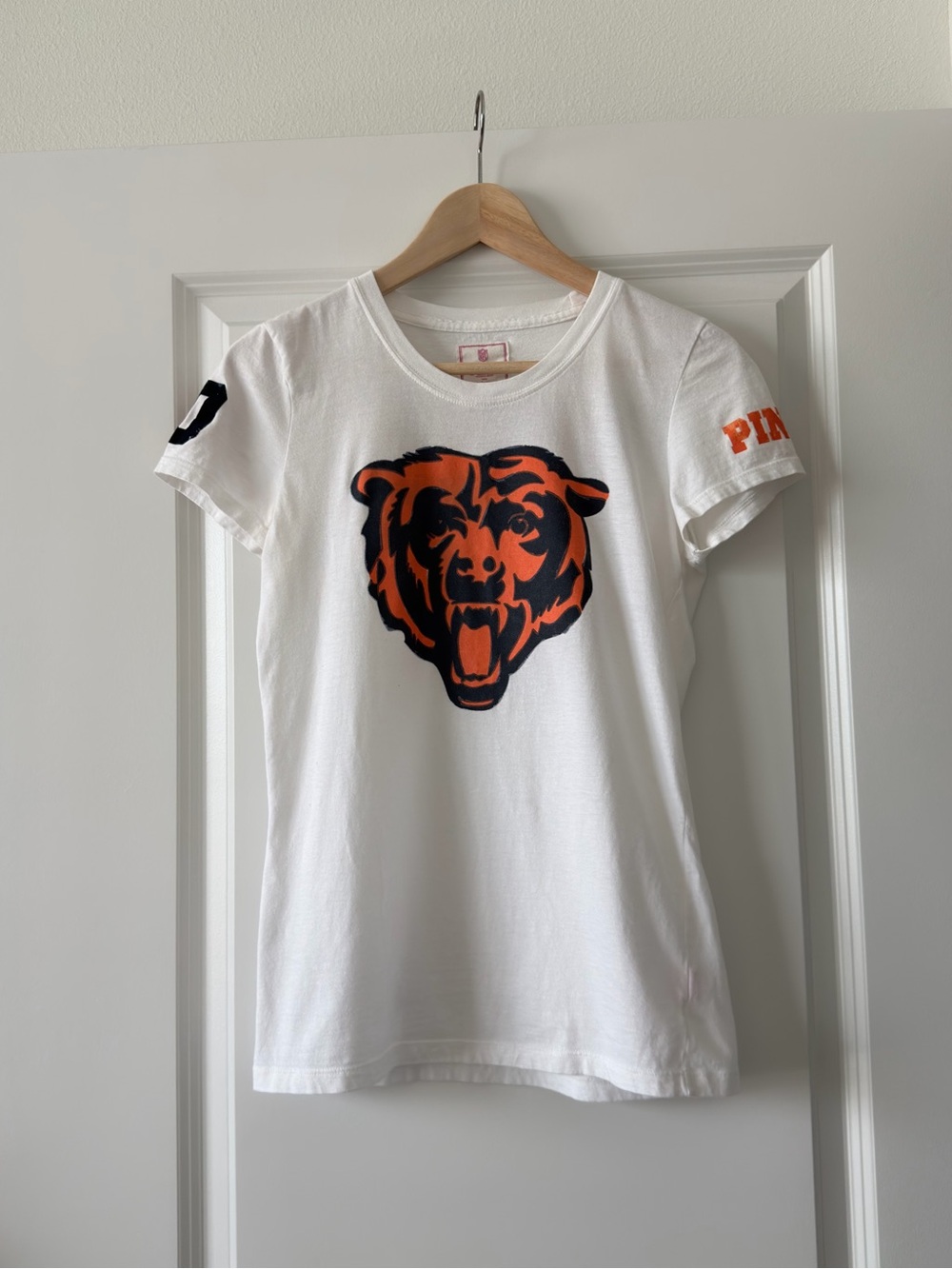 NFL PINK Victoria's Secret White Tee with Orange & Black Bear Graphic